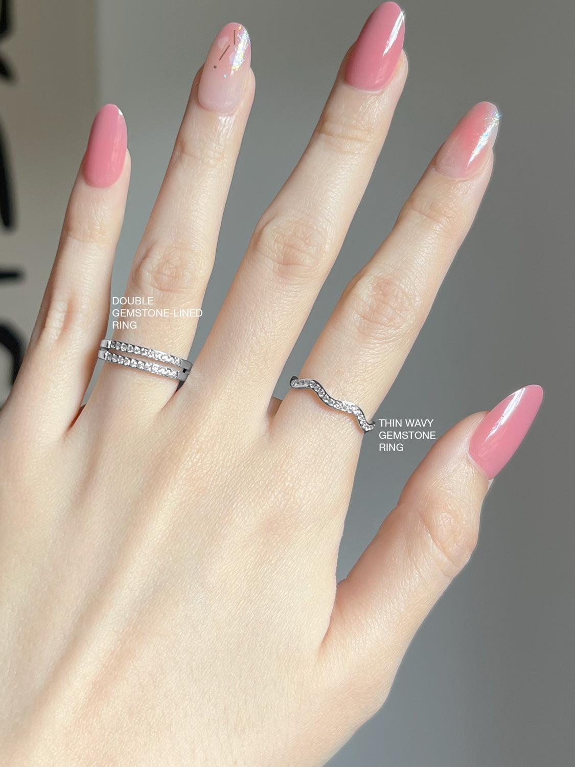 Thin Wavy Gemstone Ring, Stainless Steel - Silver