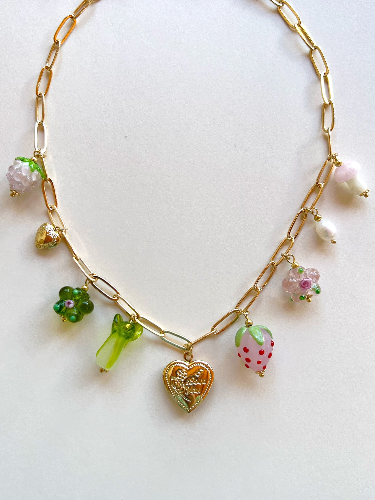 Fruits & Veggies Heart Locket Charm Necklace - Pink Strawberry, Bok Choy & Glass Flowers