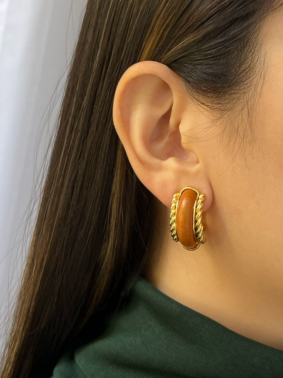 Brown Leather Gold Chain Clip-Ons (Vintage)