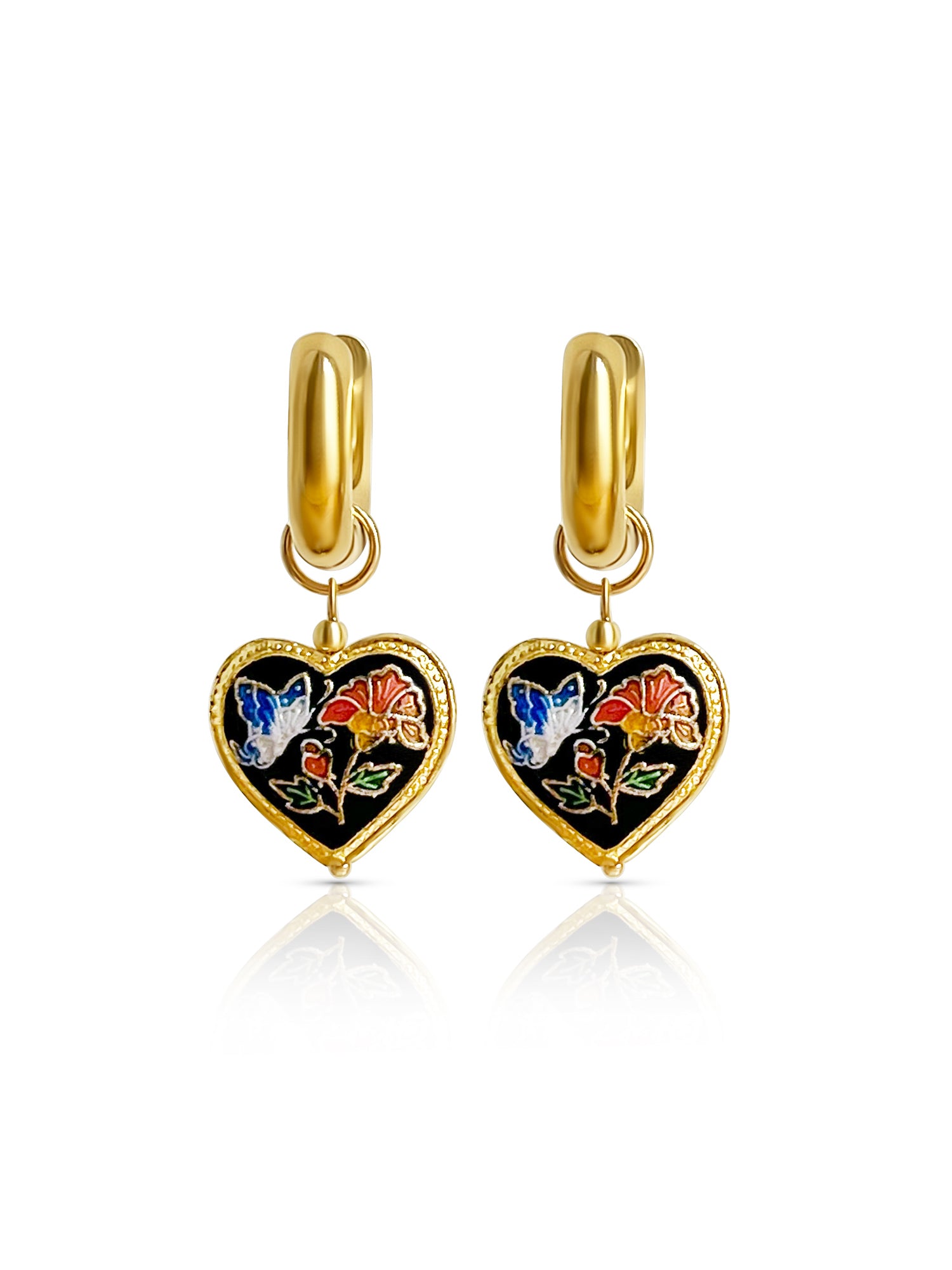 Black Cloisonne Heart Chunky Gold Hoops