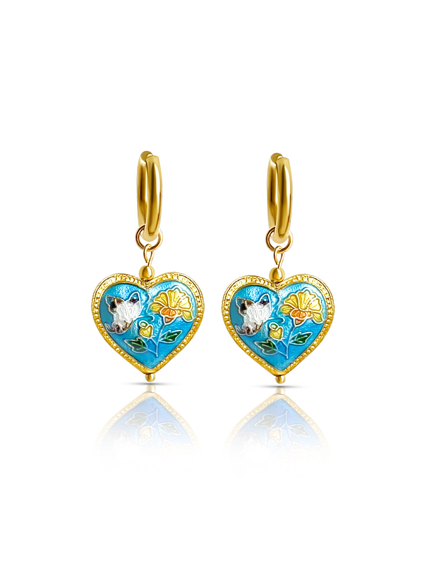 Blue heart cloisonne hoops