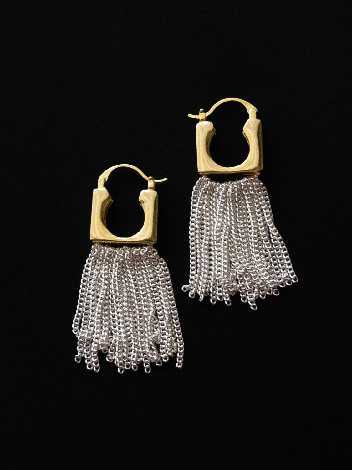 Boxy Gold Earrings with Silver Dangling Chains
