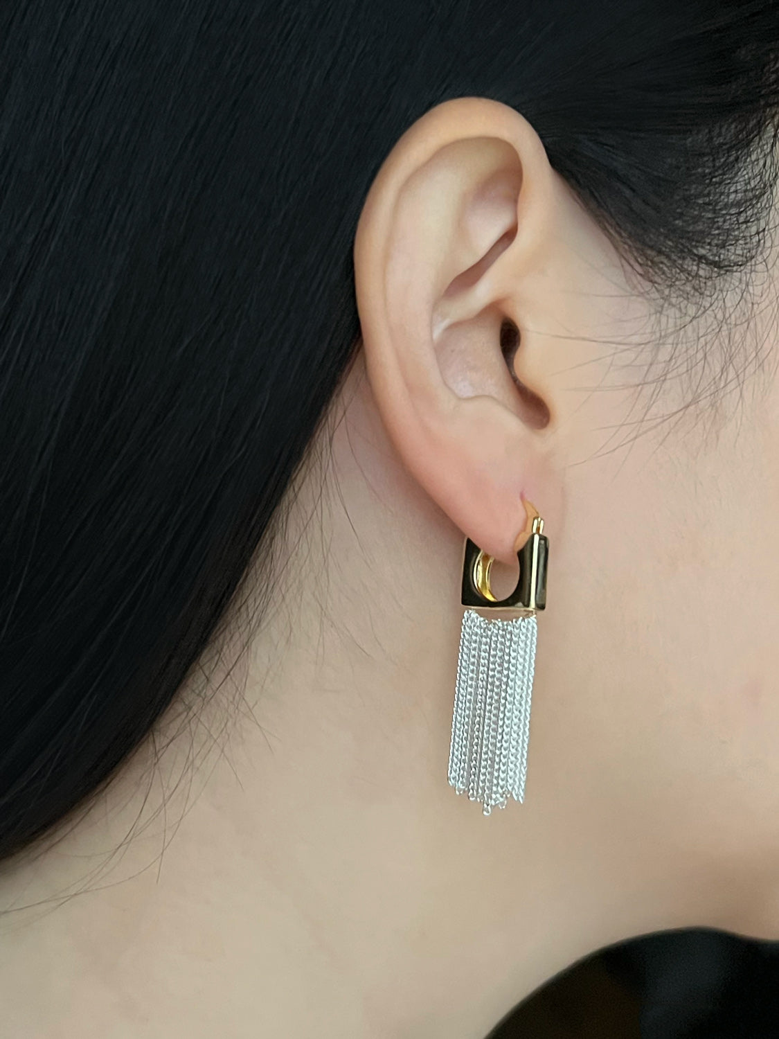 Boxy Gold Earrings with Silver Dangling Chains