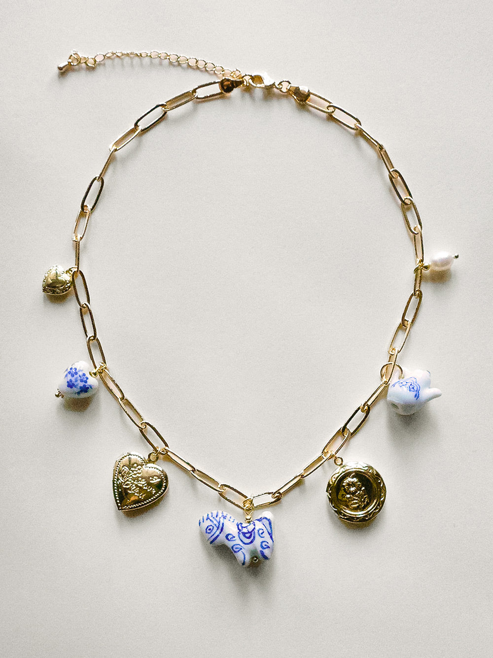 Chunky Ceramic Charm Necklace - Pony, Teapot & Jumbo Lockets