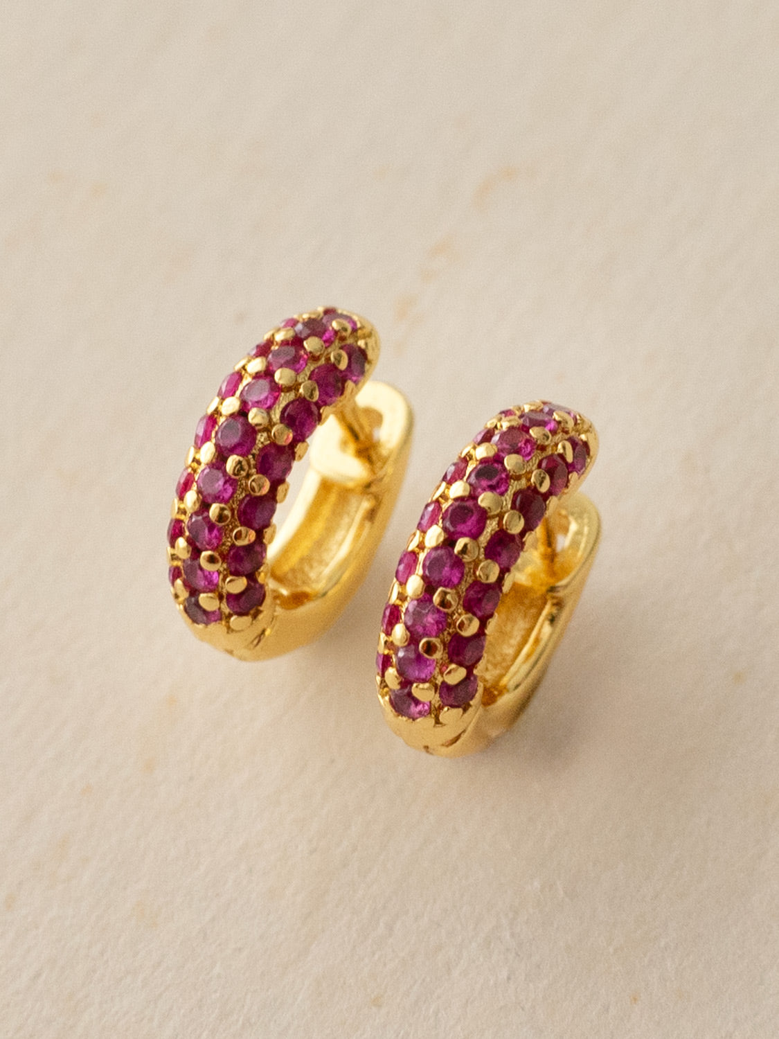 Chunky Gemstone-Encrusted Huggies, S925 - Magenta Pink, Gold