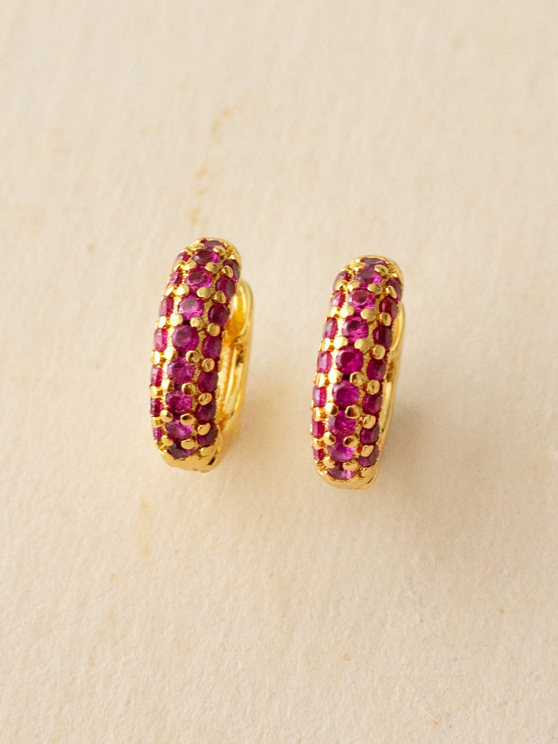 Chunky Gemstone-Encrusted Huggies, S925 - Magenta Pink, Gold