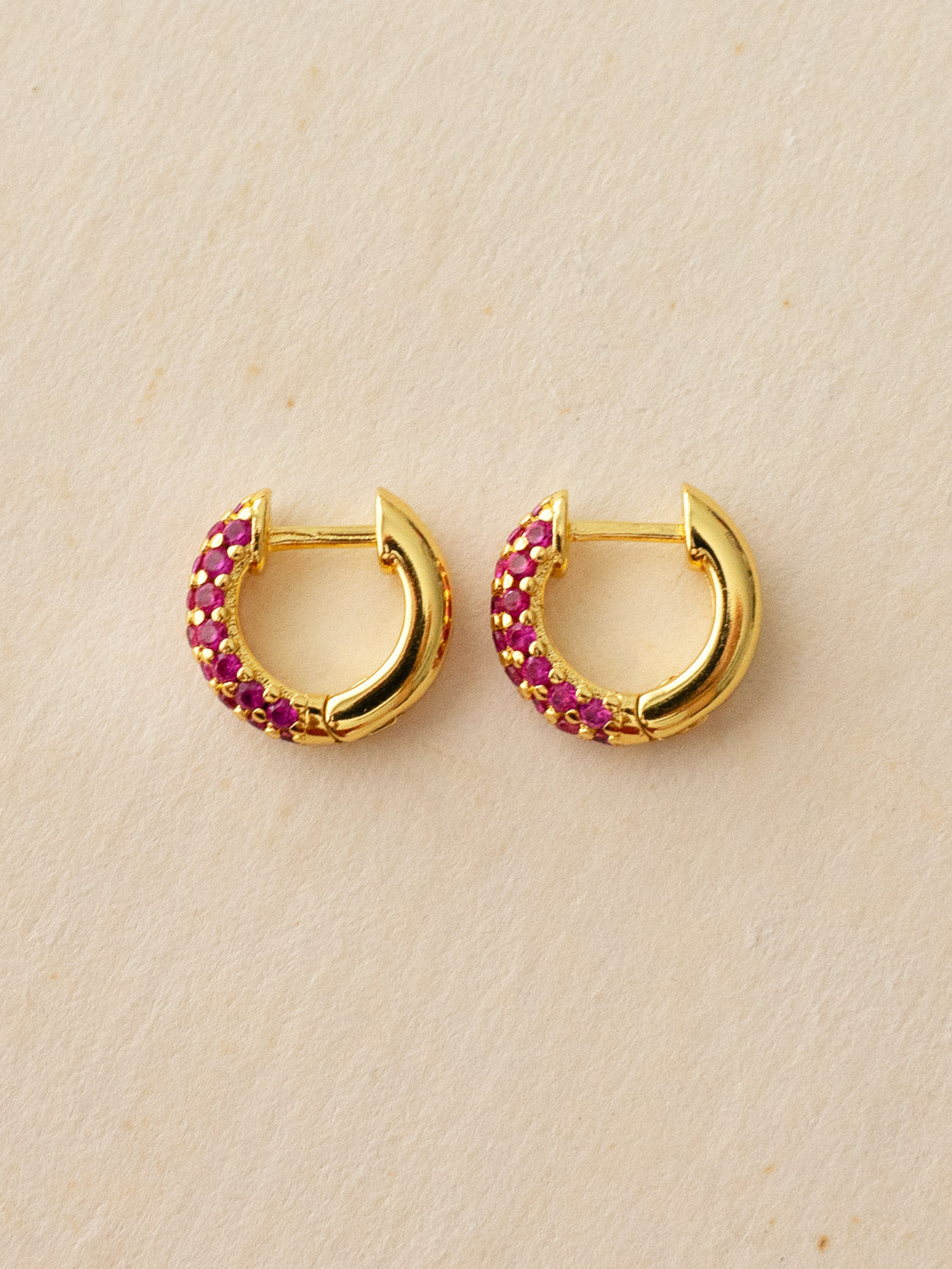 Chunky Gemstone-Encrusted Huggies, S925 - Magenta Pink, Gold