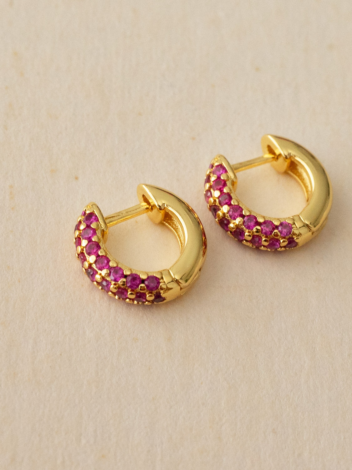 Chunky Gemstone-Encrusted Huggies, S925 - Magenta Pink, Gold