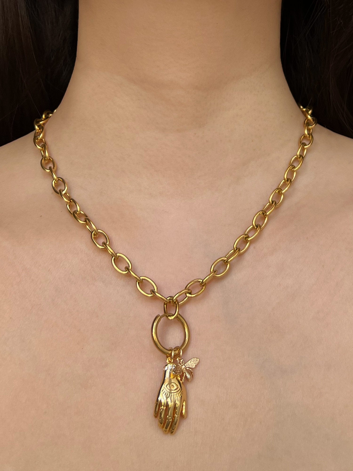 Chunky Gold Chain Necklace  - Evil Eye Hand, Bee