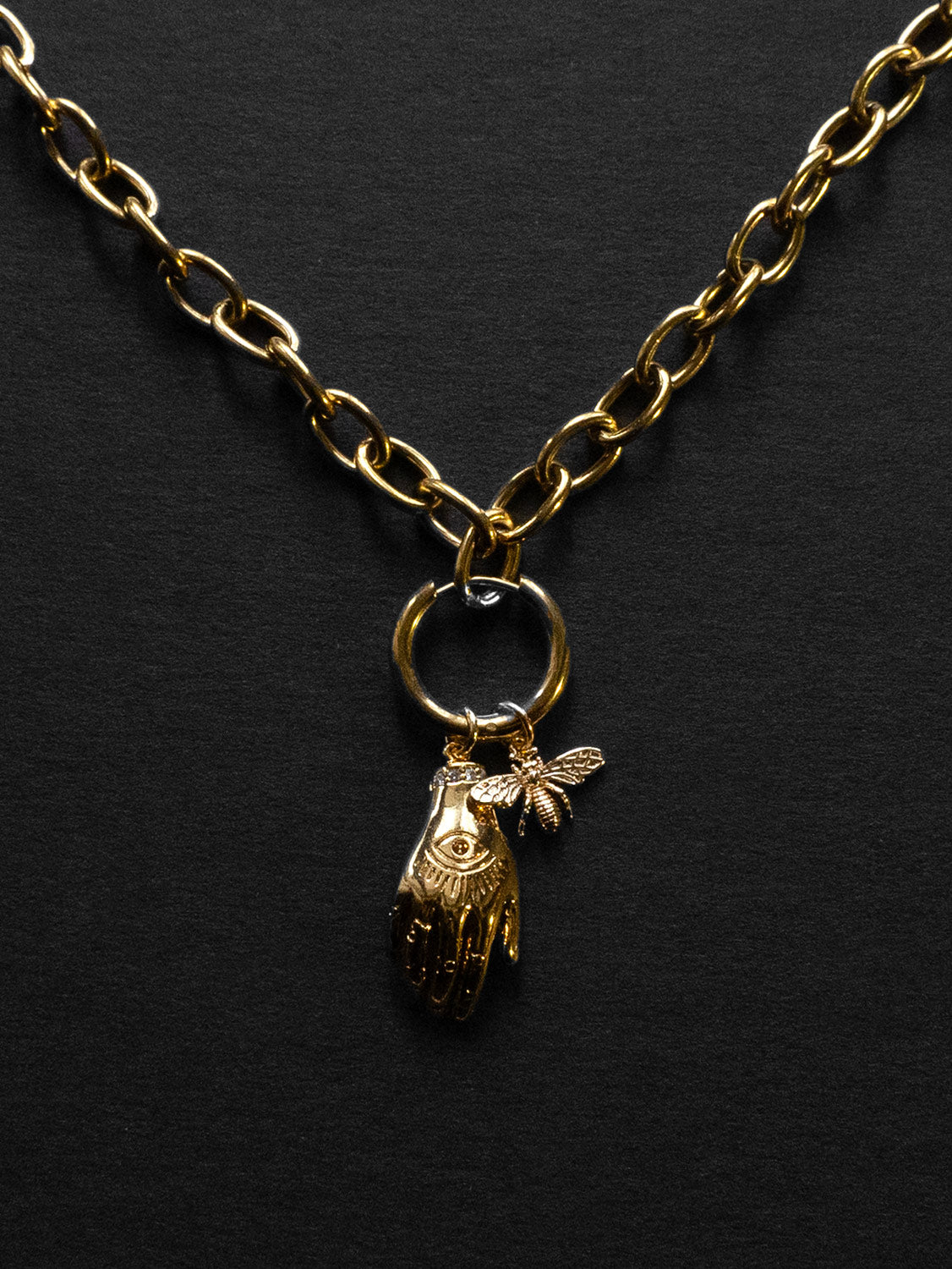 Chunky Gold Chain Necklace  - Evil Eye Hand, Bee