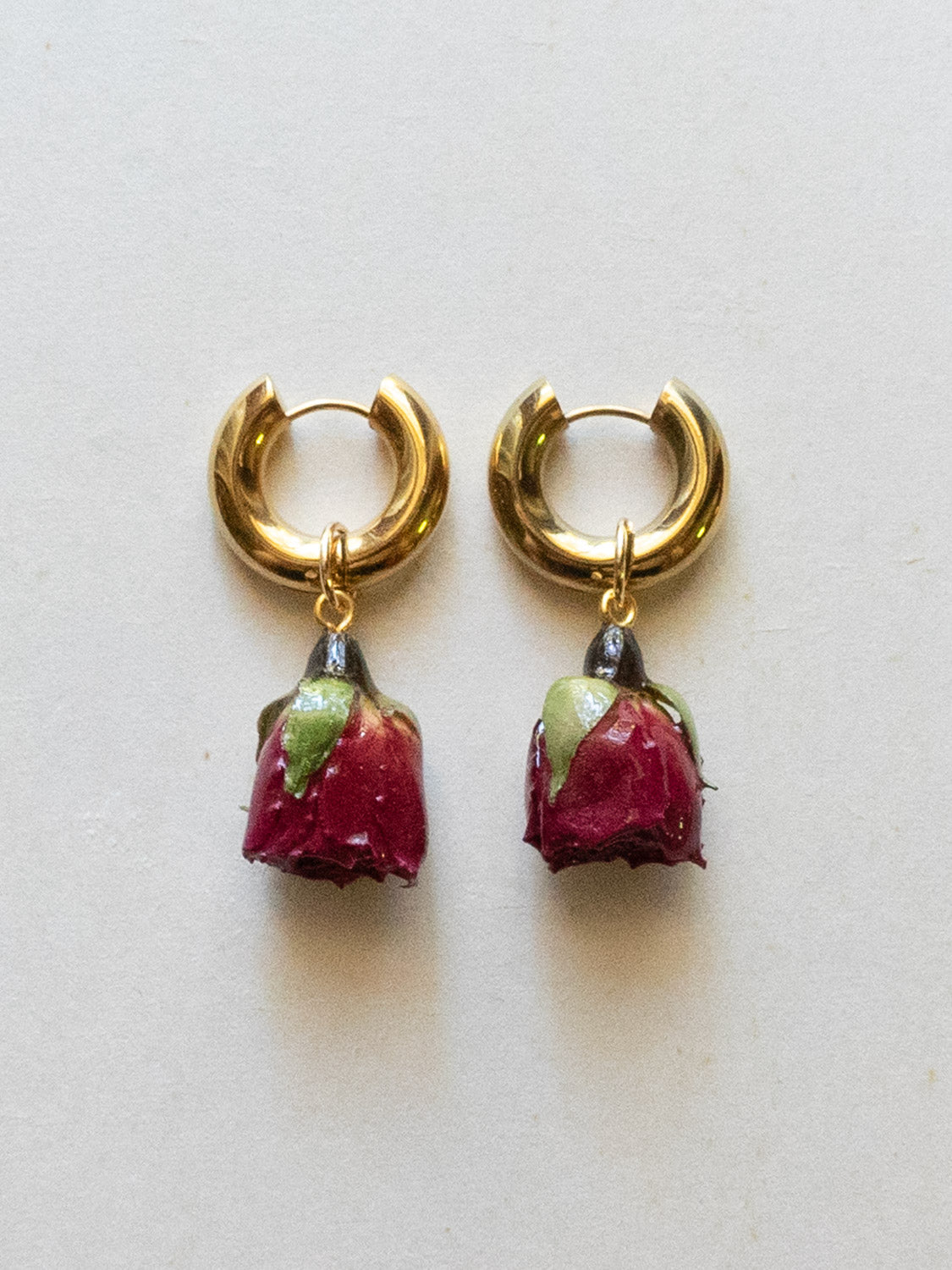 Chunky Gold Hoops   Dried Big Red Rose Bud