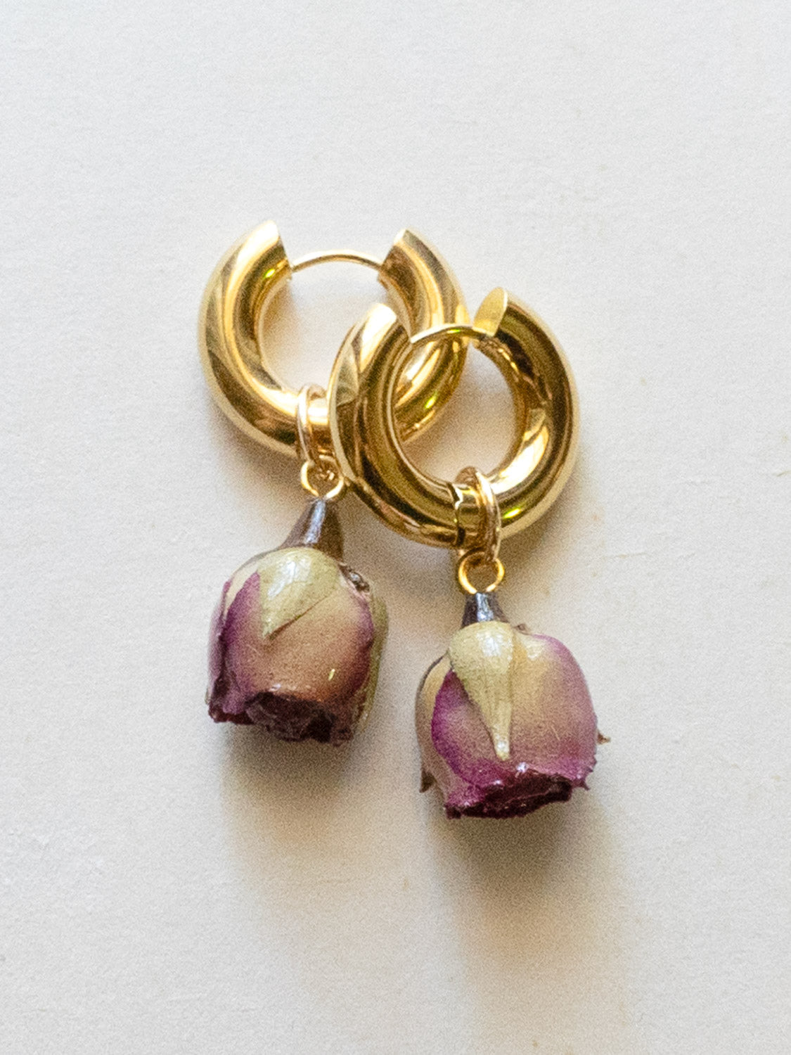 Chunky Gold Hoops - Dried Purple Rose Bud