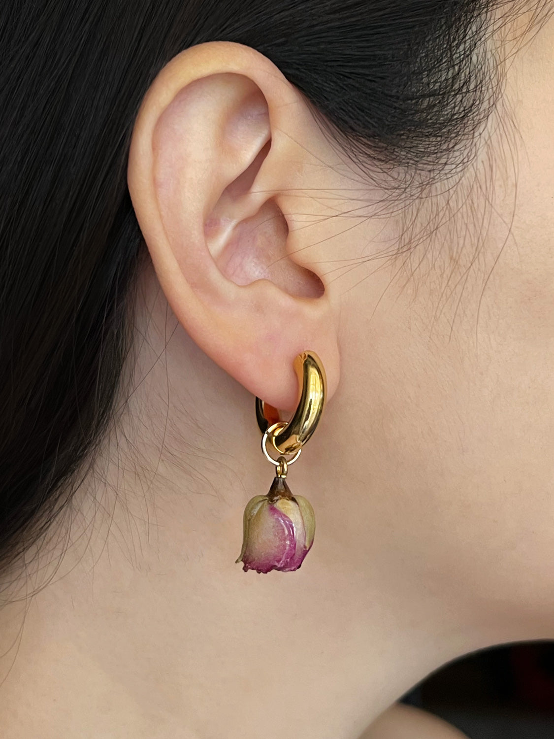 Chunky Gold Hoops - Dried Purple Rose Bud