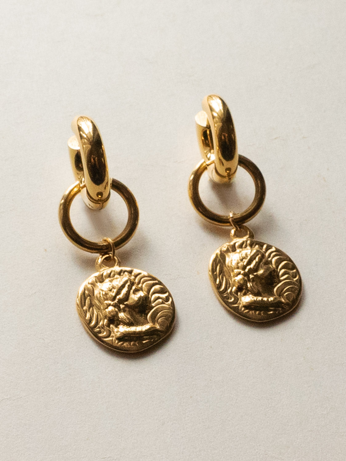 Chunky Gold Hoops - Roman Coin Pendant