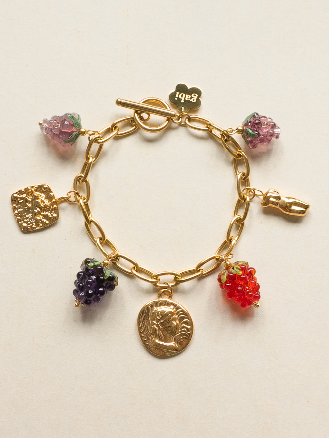 Chunky Gold Talisman Bracelet - Roman Coin, Glass Berries