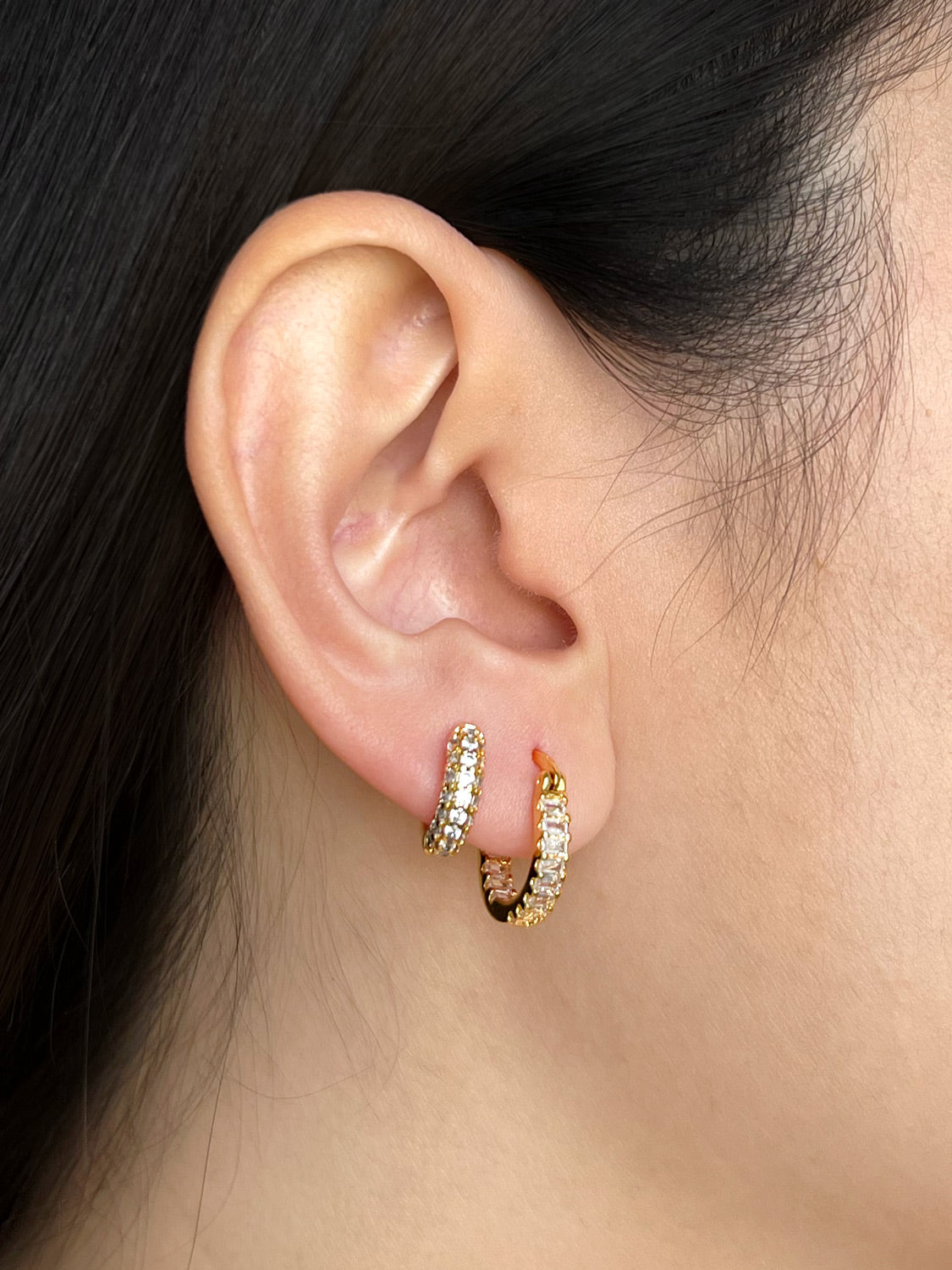 Chunky Gemstone-Encrusted Huggies, S925 - Clear, Gold