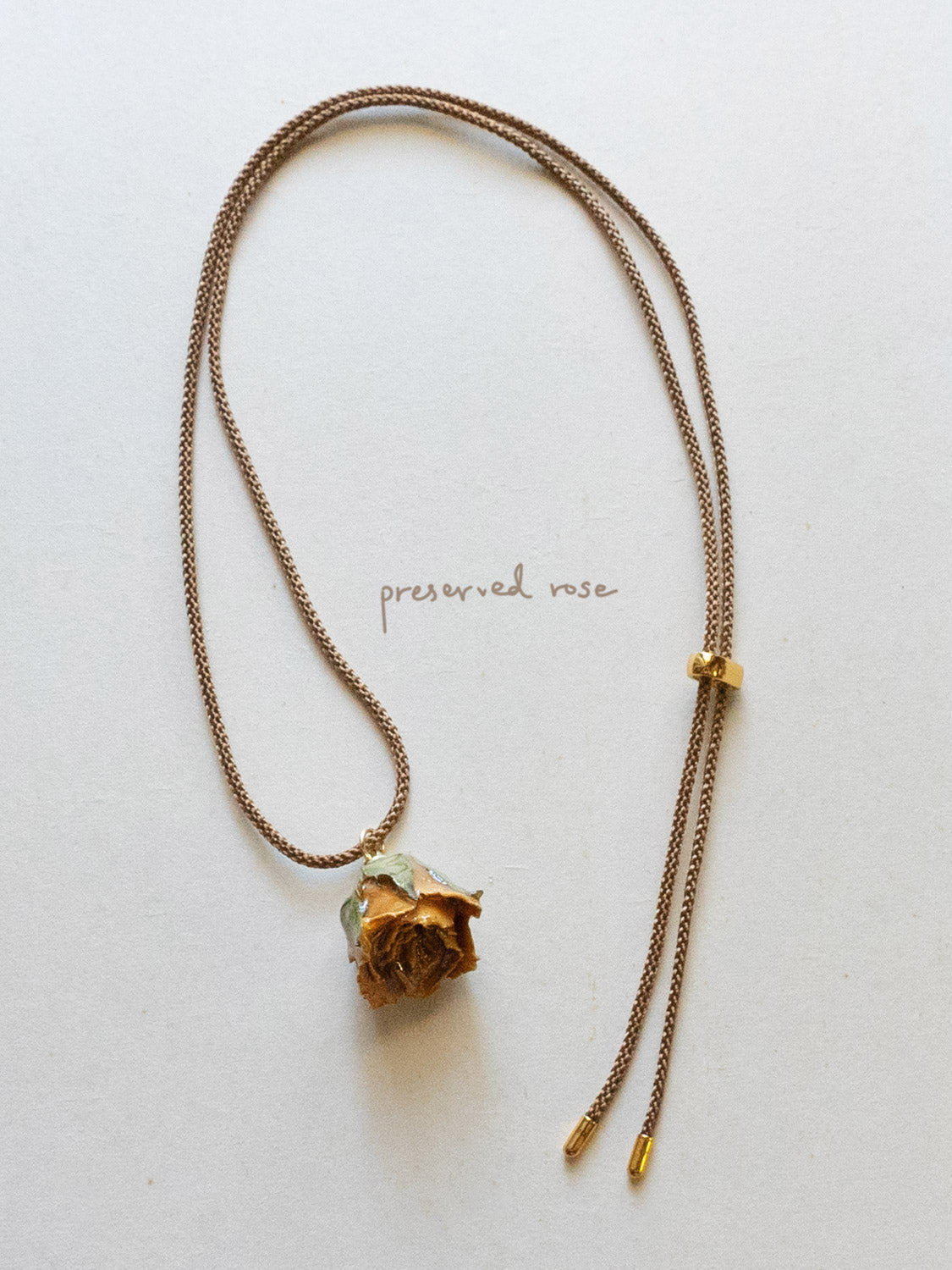 Cord Necklace  Latte Brown   Jumbo Dried Yellow Rose Bud2 text