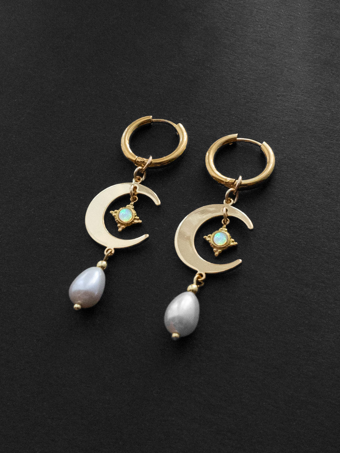 Crescent Moon Earrings - Opal Charms, Teardrop Glass Pearls
