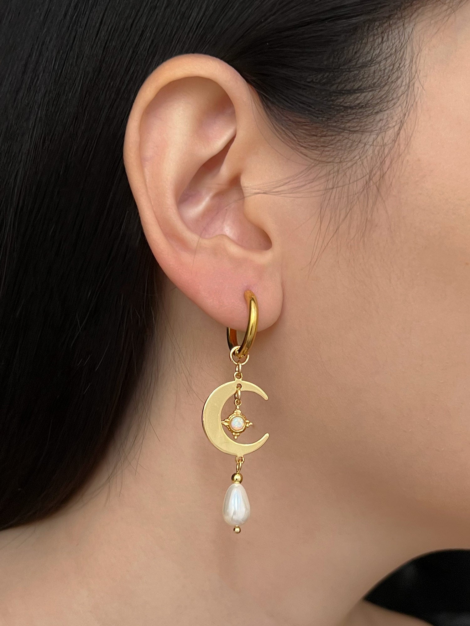 Crescent Moon Earrings - Opal Charms, Teardrop Glass Pearls