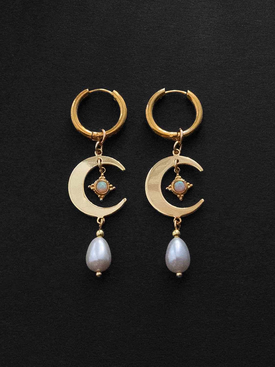Crescent Moon Earrings - Opal Charms, Teardrop Glass Pearls