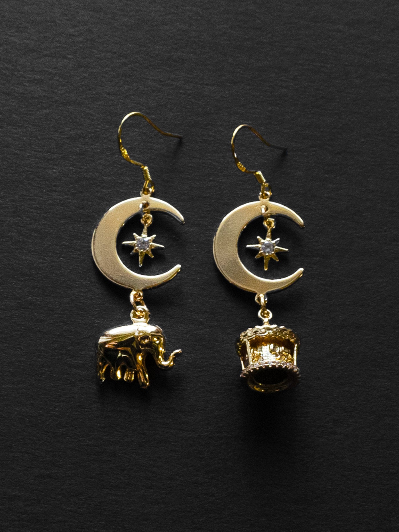 Crescent Moon Mismatched Carnival Earrings   Carousel  Elephant Charms
