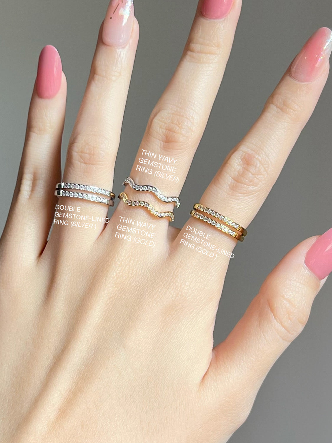 Thin Wavy Gemstone Ring, Stainless Steel - Silver