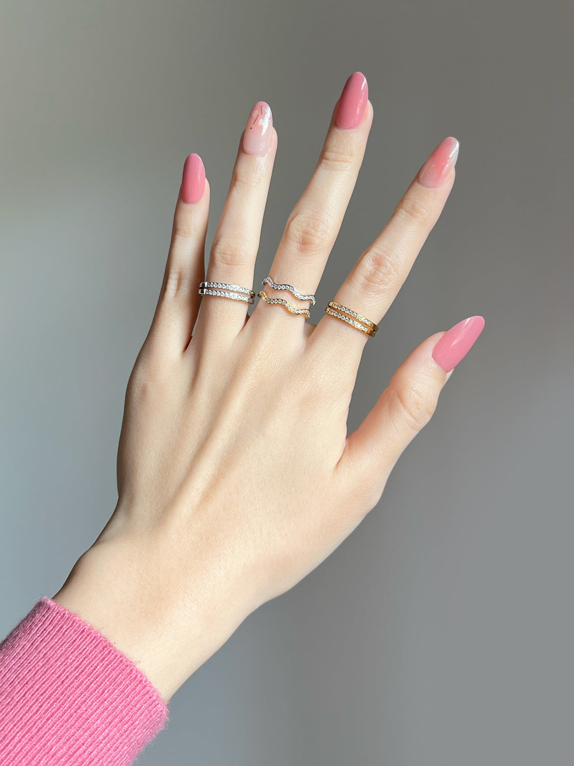 Thin Wavy Gemstone Ring, Stainless Steel - Silver