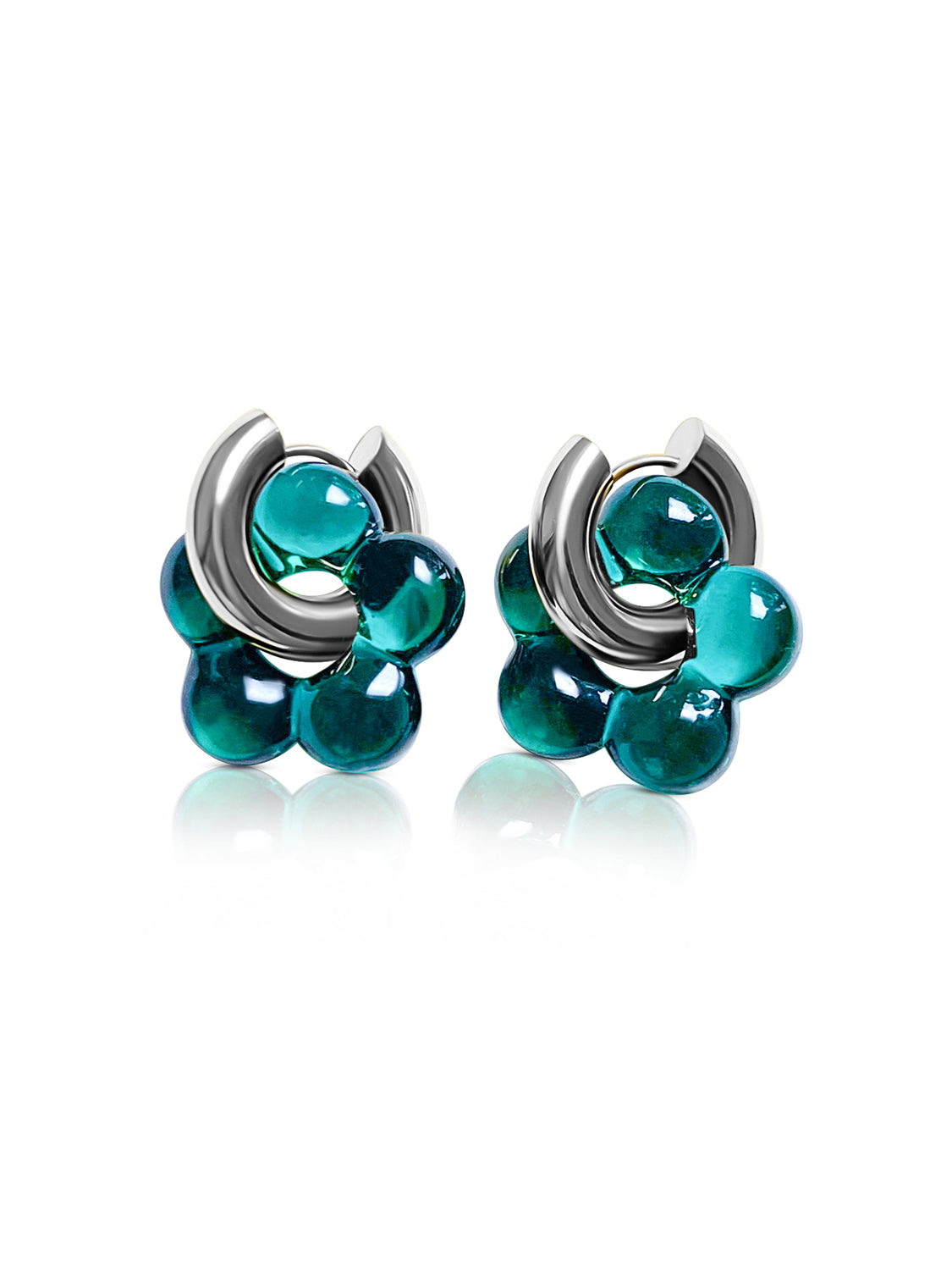 Glass Flower Donut Hoops   Dark Blue Green silver