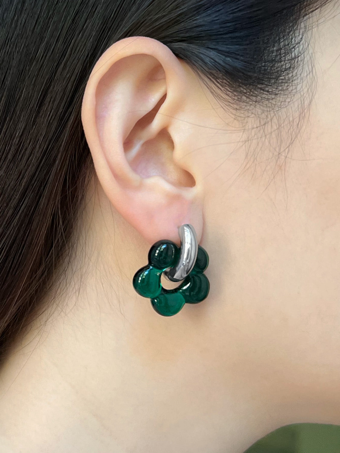 Glass Flower Donut Hoops  Silver   Dark Blue Green3