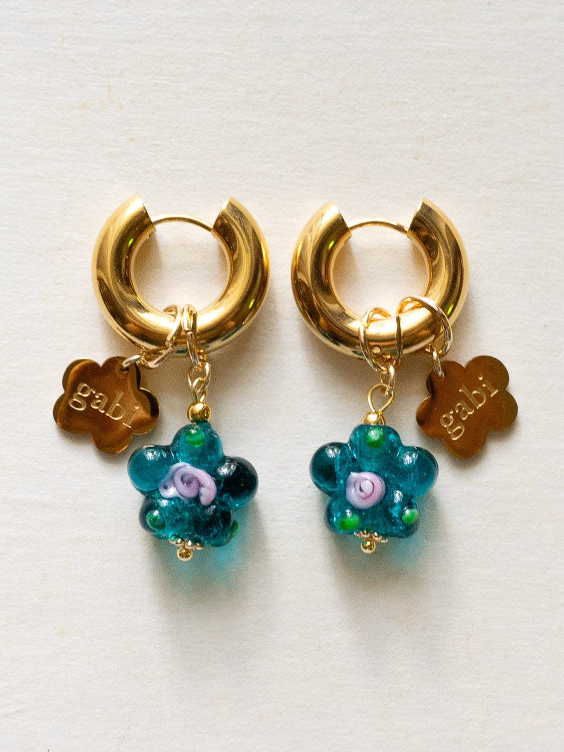 Gold Chunky Hoops - Teal-Green Glass Flower, Gabi Flower