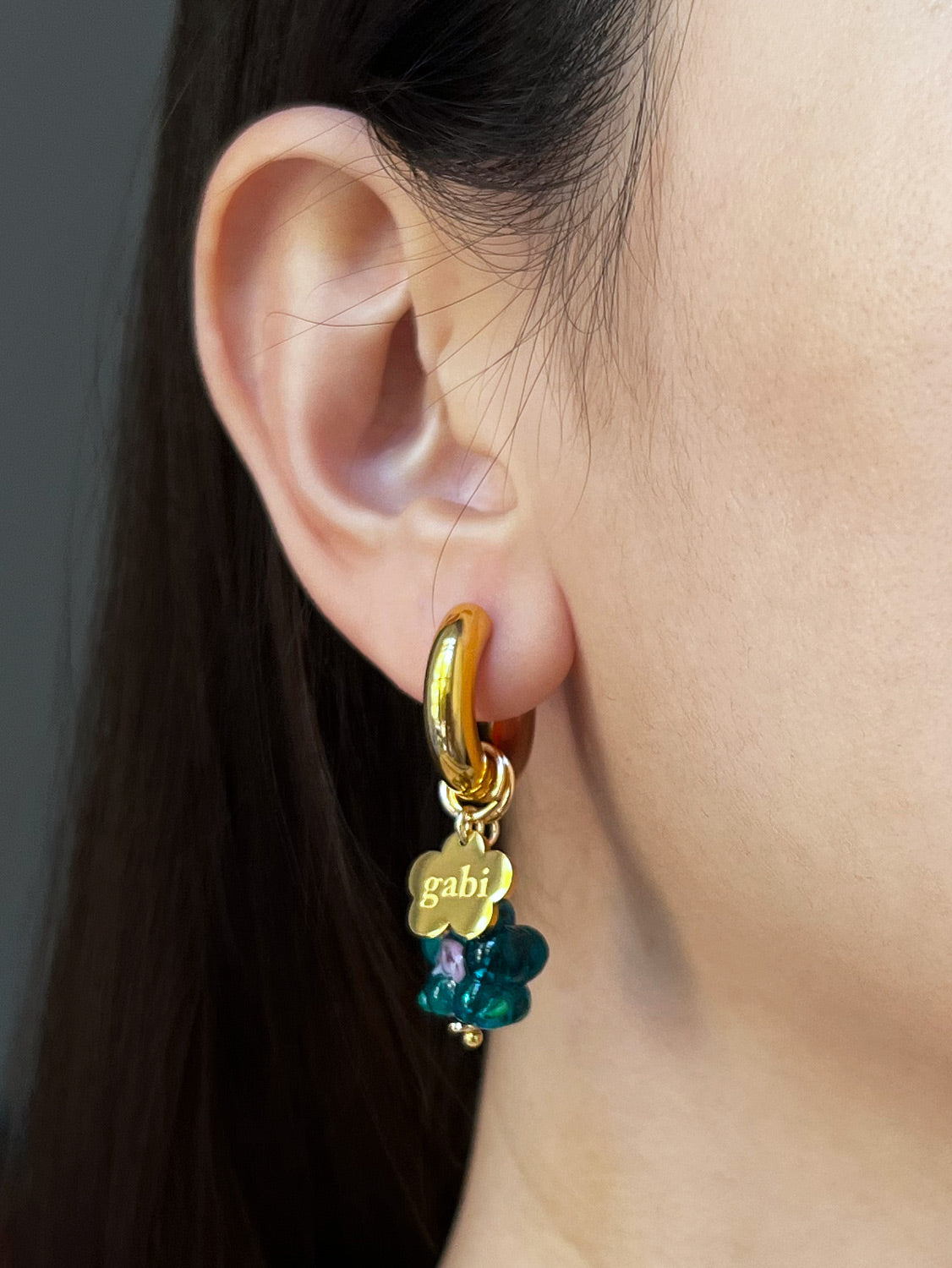 Gold Chunky Hoops - Teal-Green Glass Flower, Gabi Flower