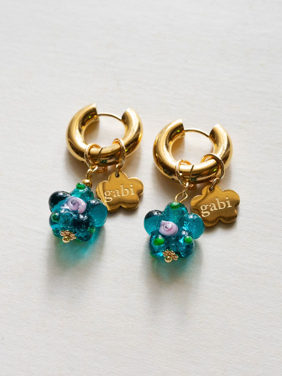 Gold Chunky Hoops   Teal Green Glass Flower  Gabi Flower4