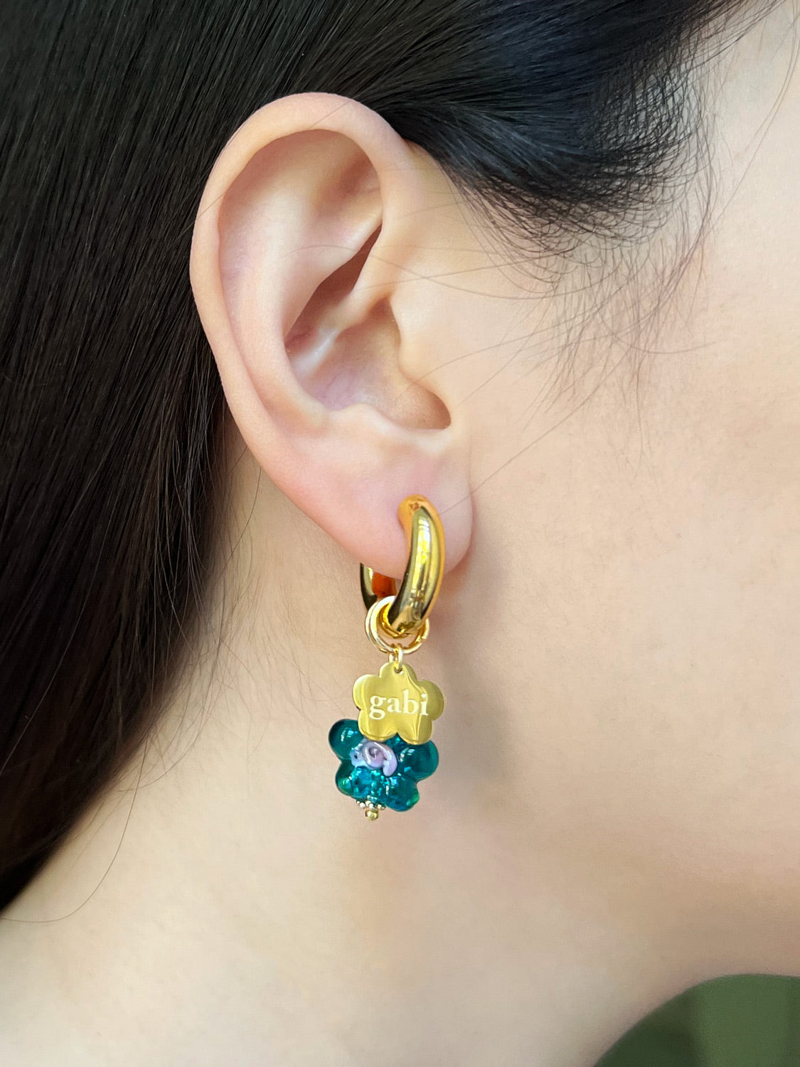 Gold Chunky Hoops - Teal-Green Glass Flower, Gabi Flower