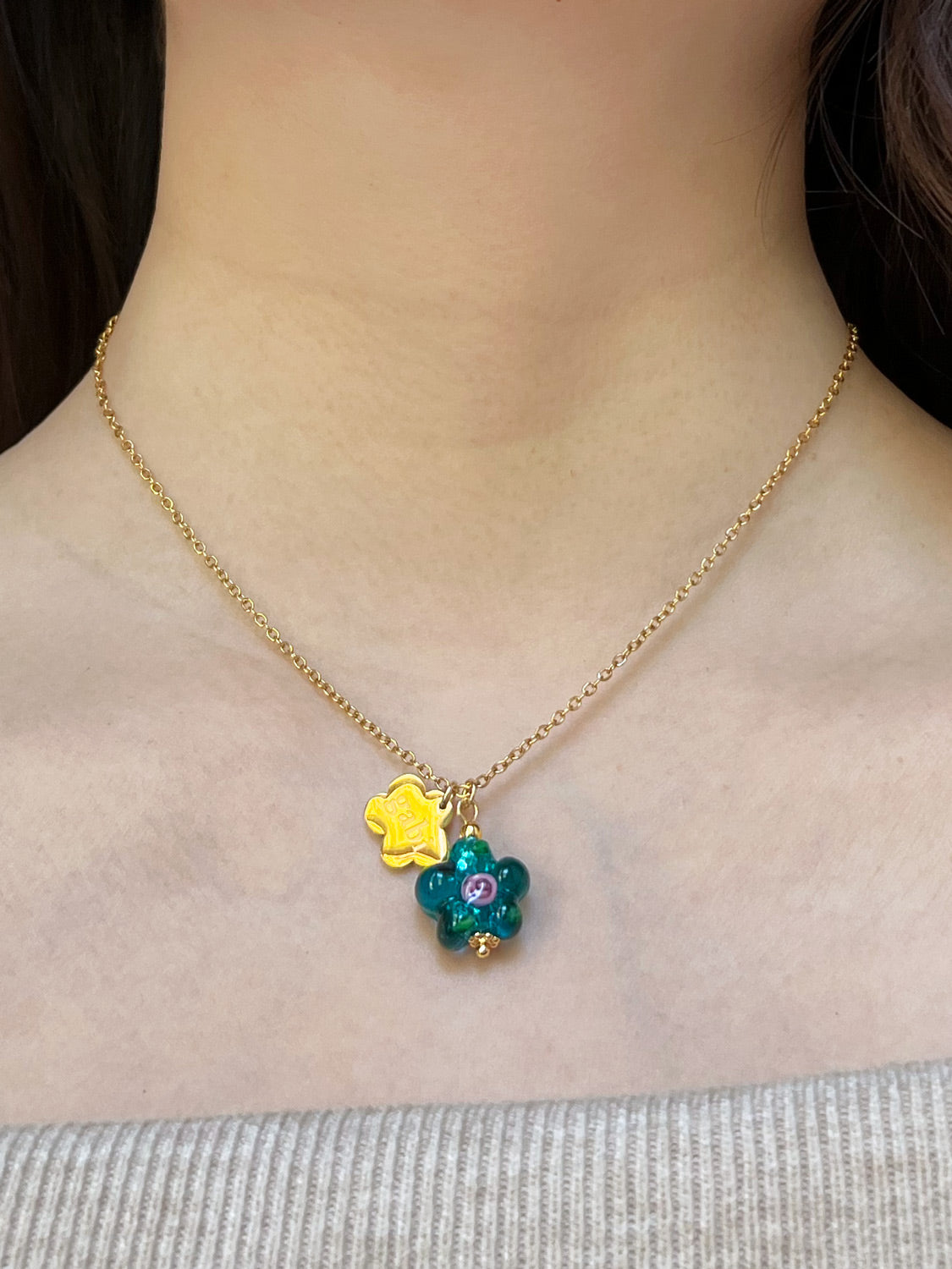 Gold Gabi Charm Necklace, Stainless Steel - Teal-Green Glass Flower