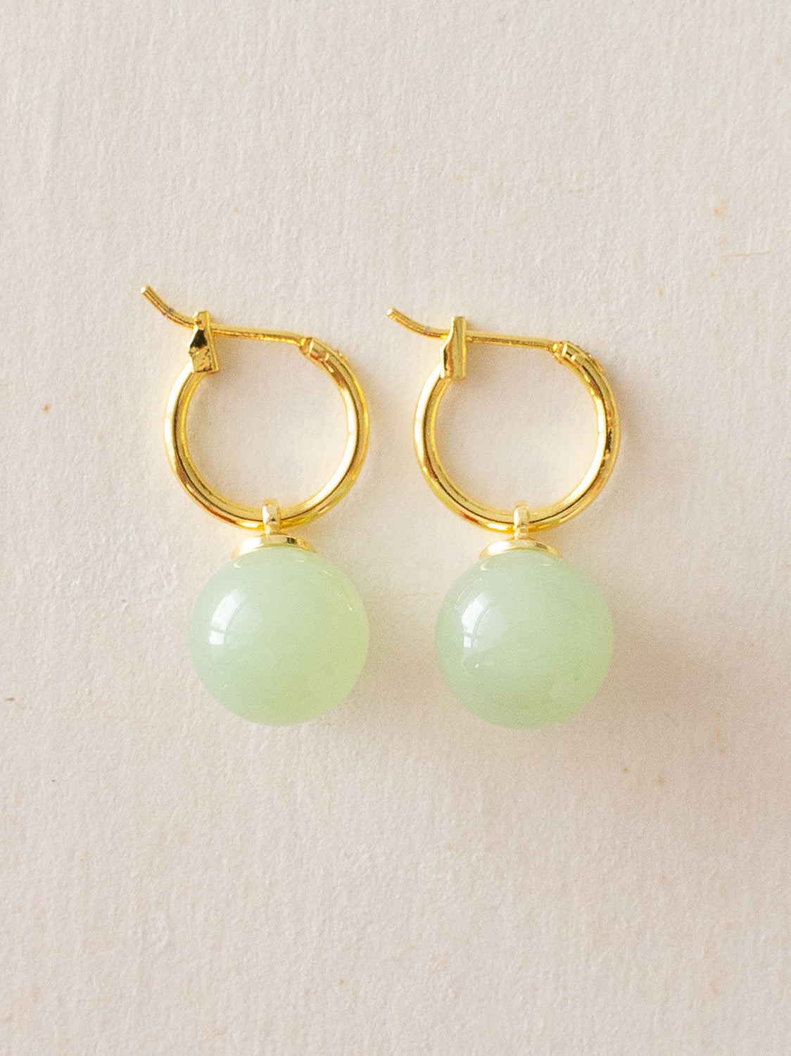 Green Jade Ball Hoops, S925 - Gold