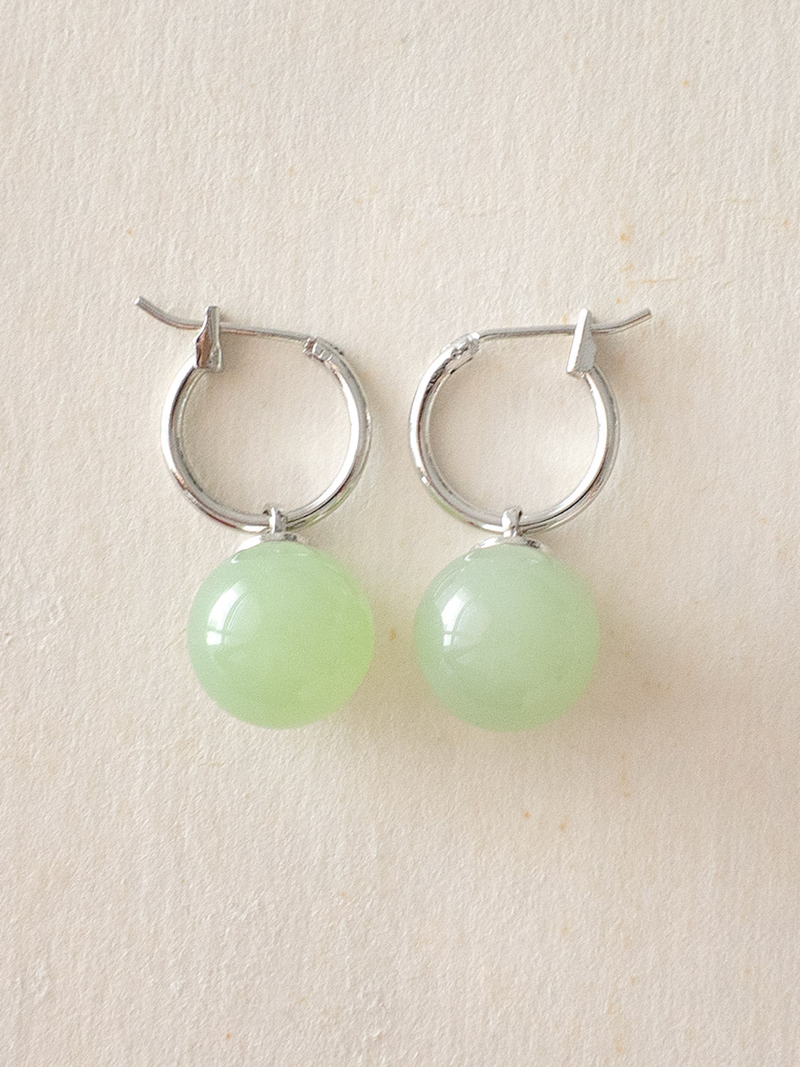 Green Jade Ball Hoops, S925 - Silver