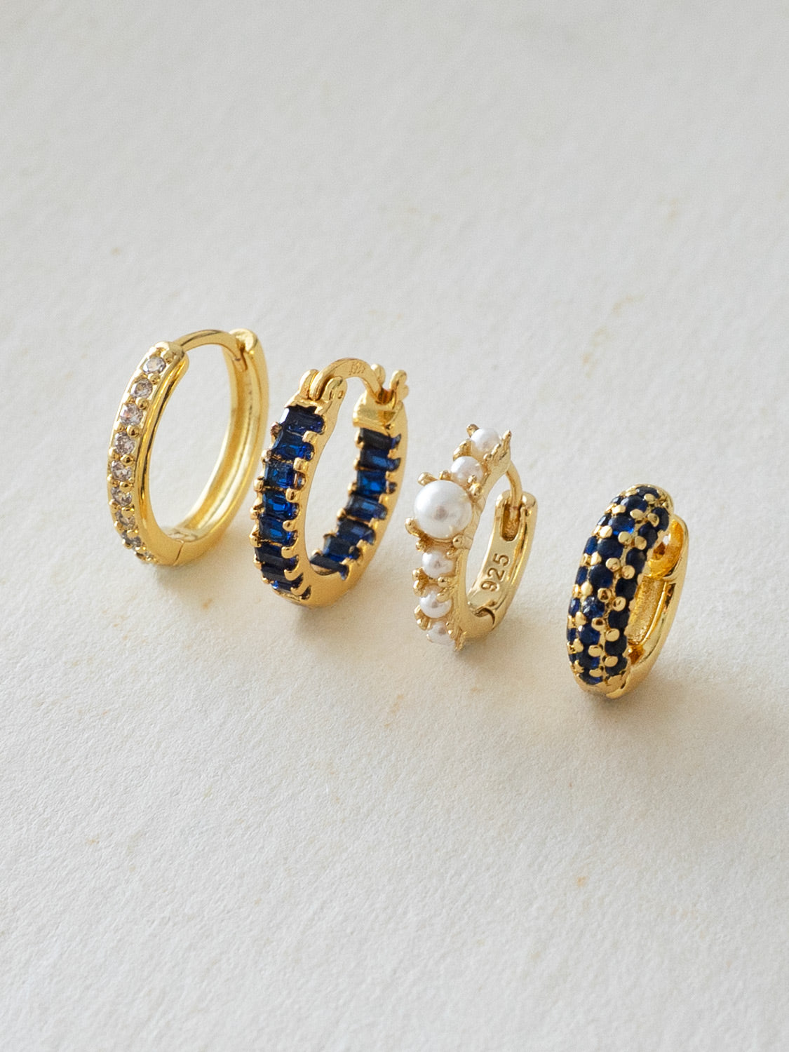 Chunky Gemstone-Encrusted Huggies, S925 - Royal Blue, Gold