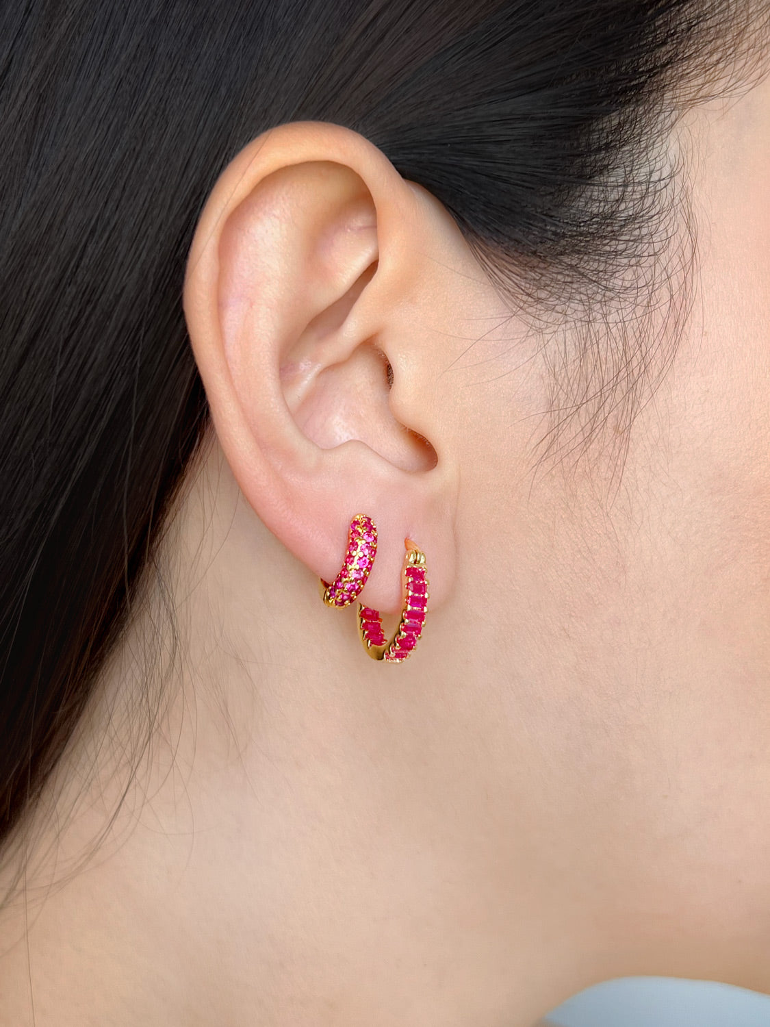 Chunky Gemstone-Encrusted Huggies, S925 - Magenta Pink, Gold