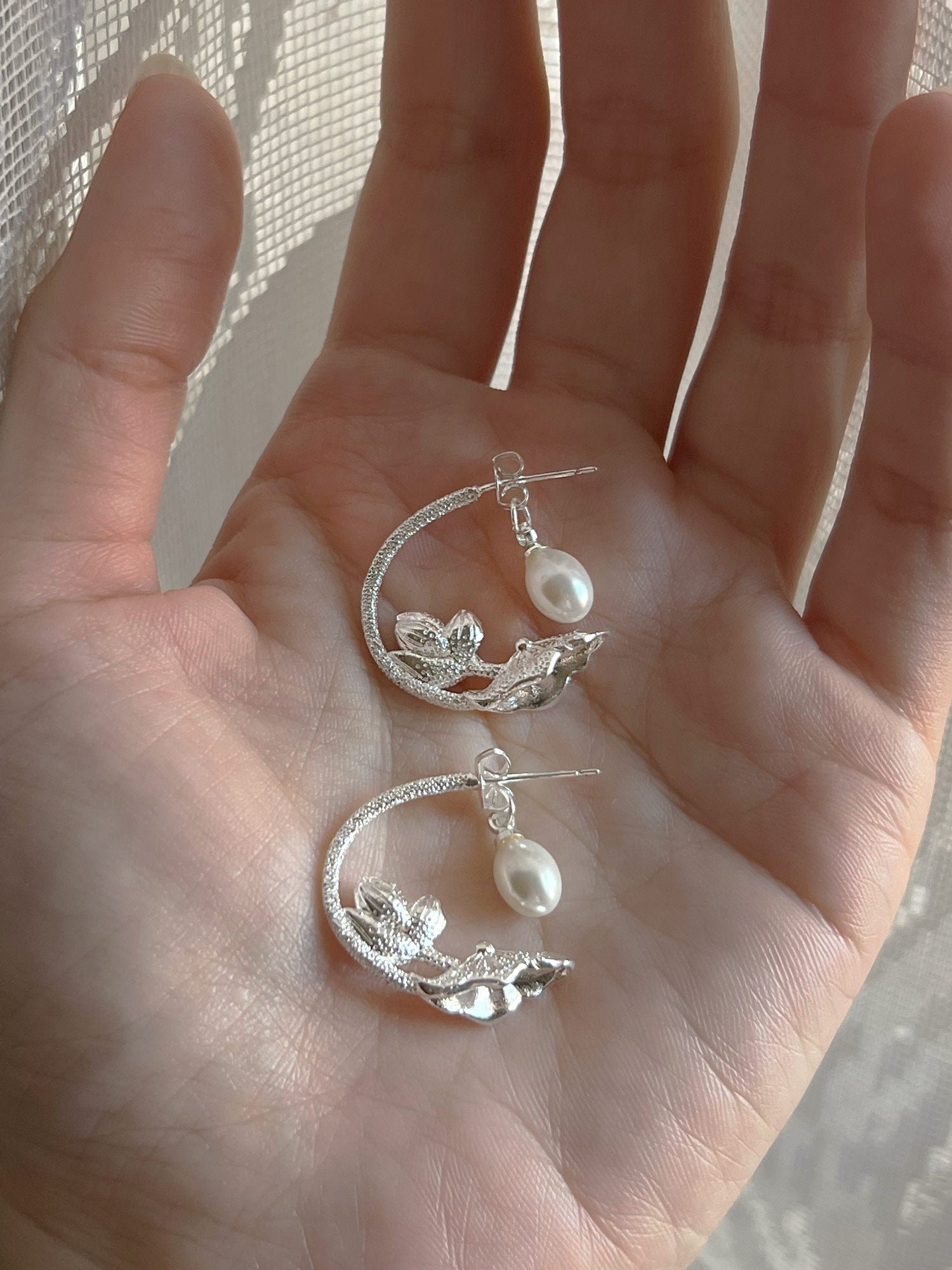 Nature’s Dance Hoops with Freshwater Pearl - White Silver