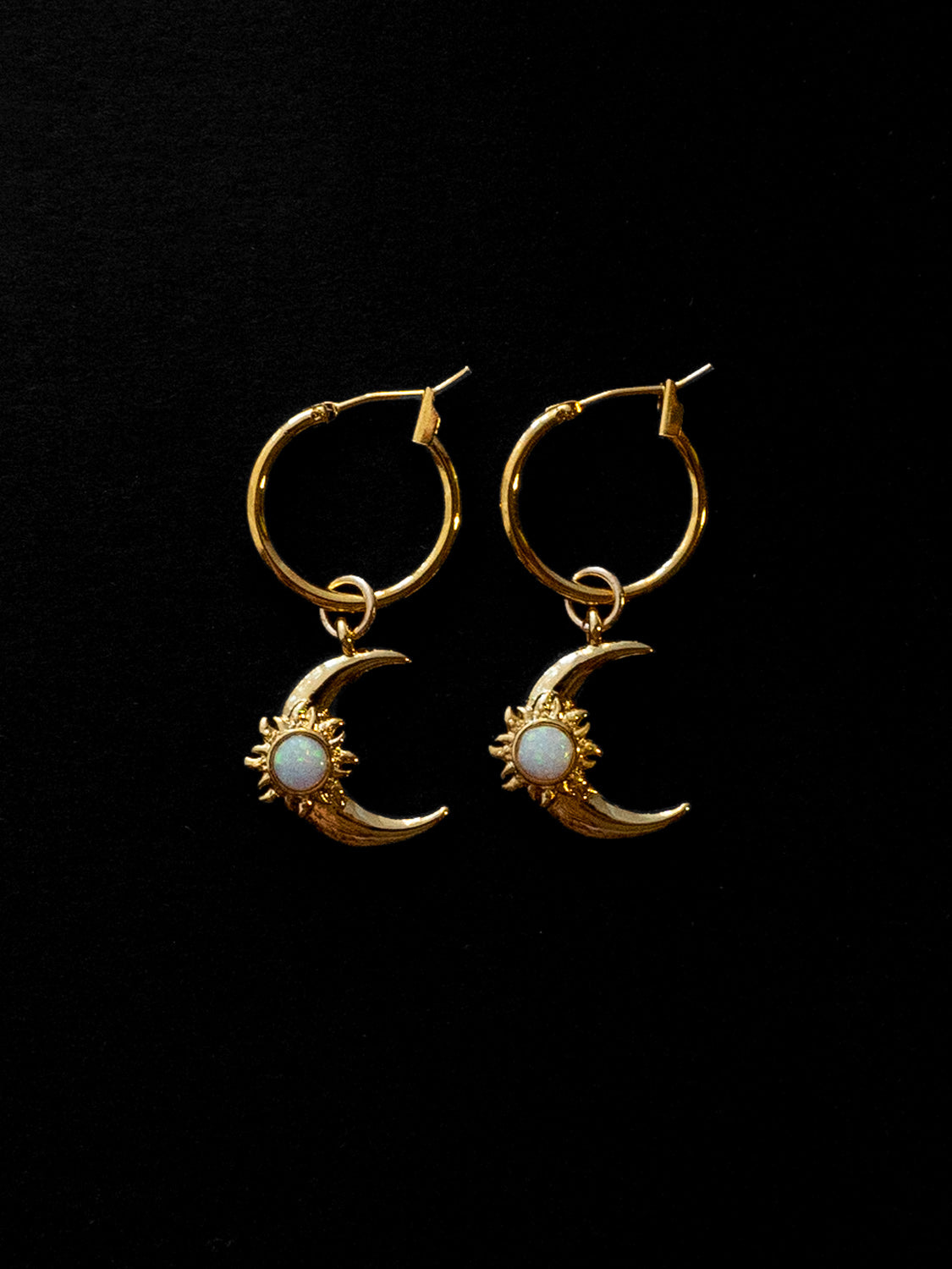 Opalescent Crescent Moon Hoops   Gold