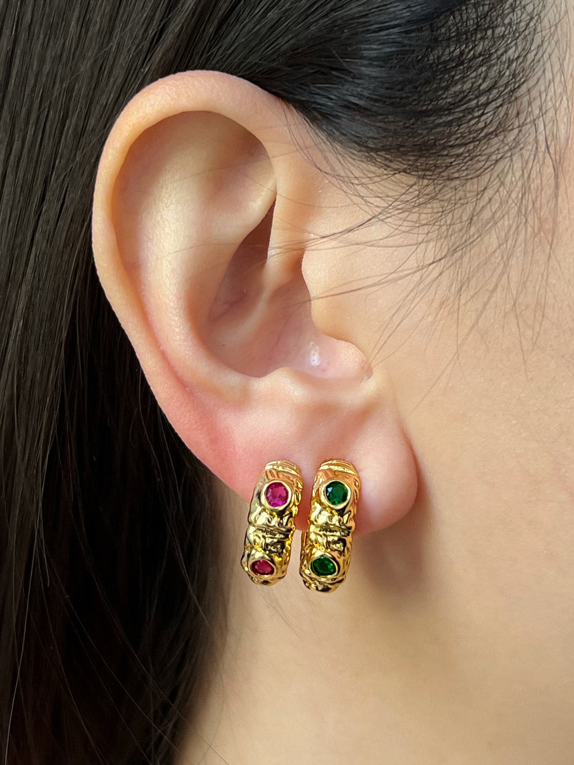 Petite Baroque Gem encrusted Hoops   Magenta green model