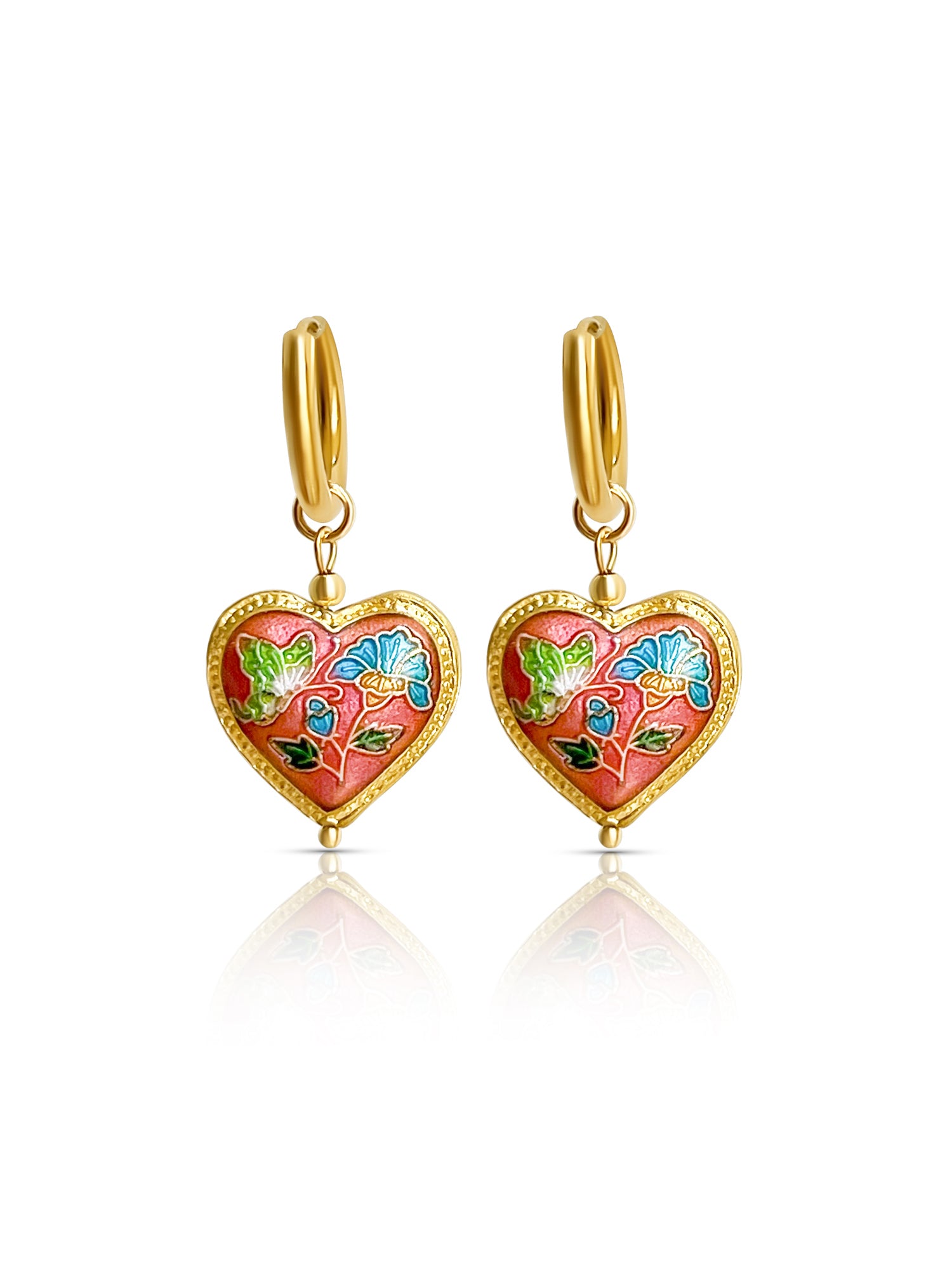 Pink Cloisonne Heart Hoops