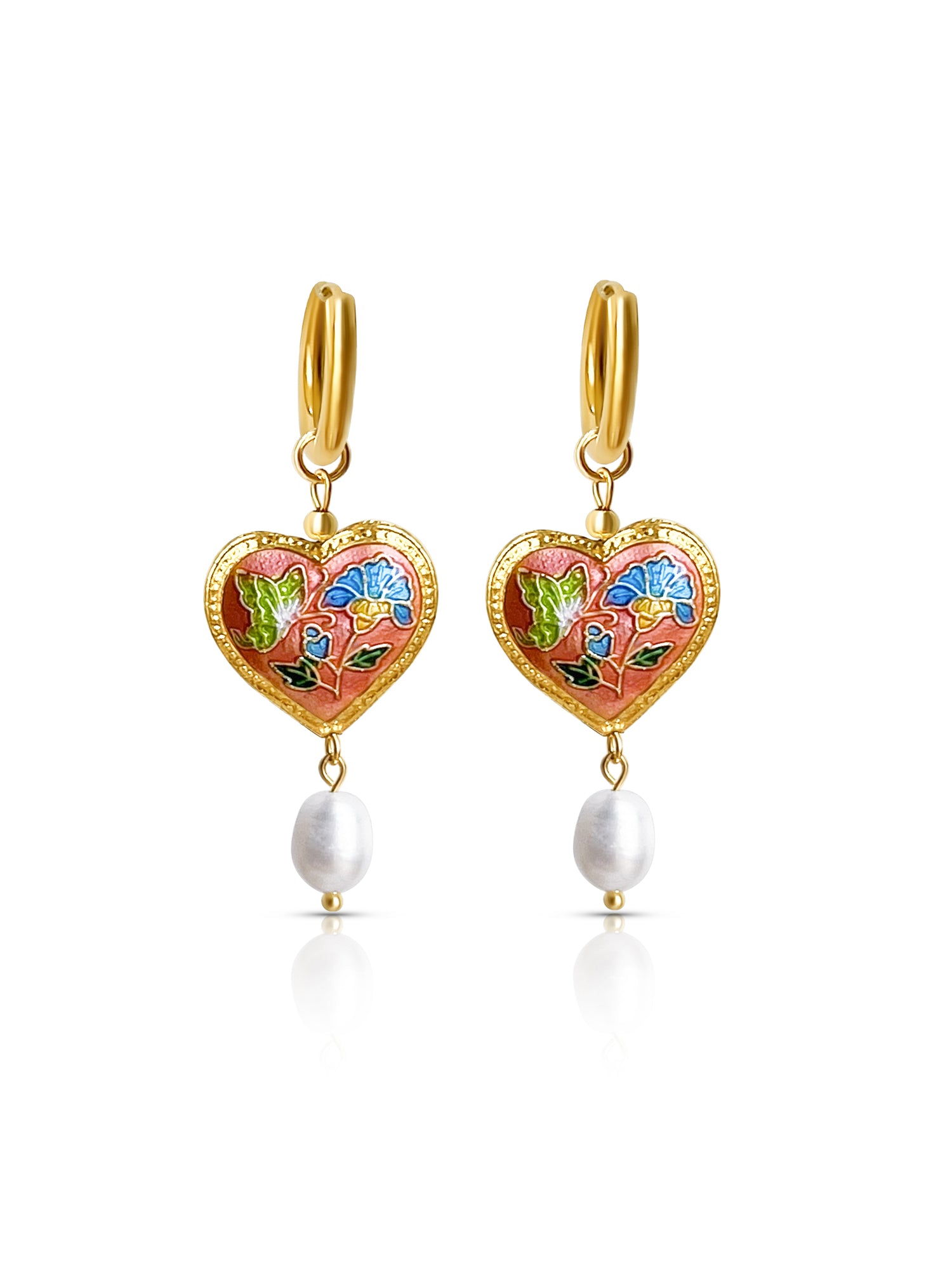 Pink Cloisonne Heart Dangling Earrings with Pearl