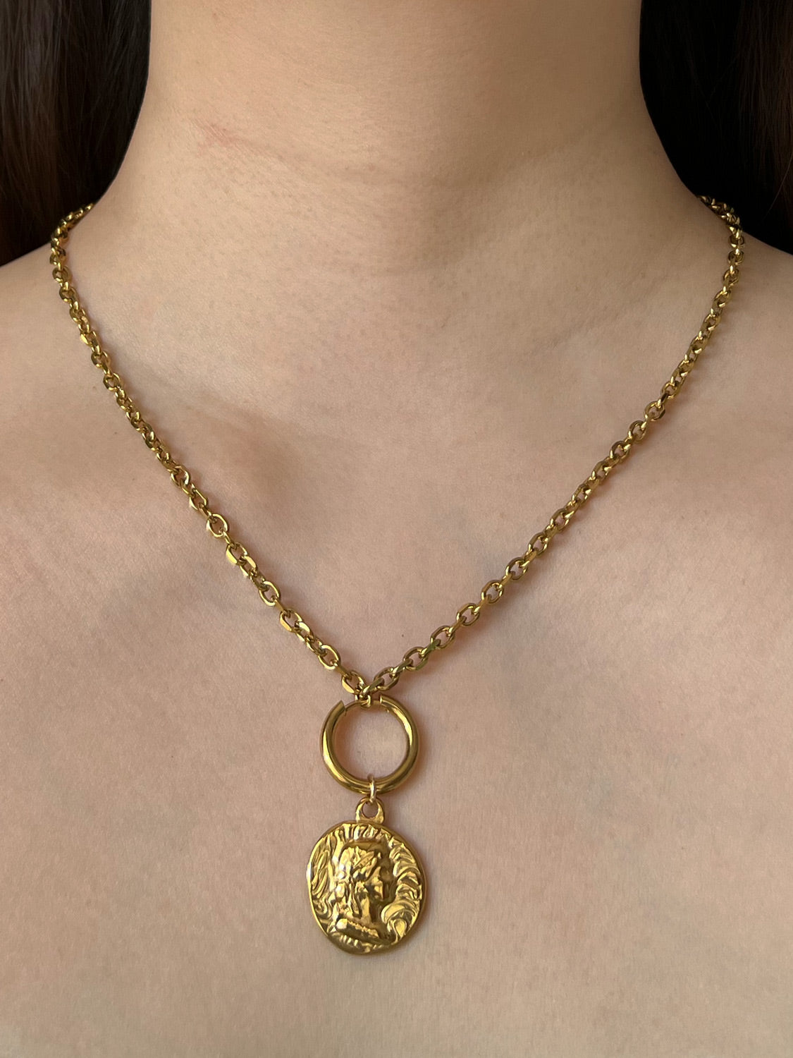 Chunky Gold Hoops - Roman Coin Pendant