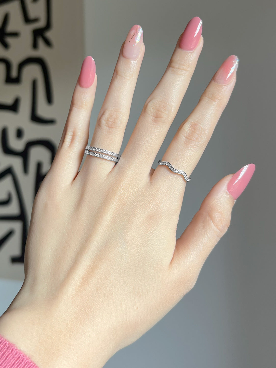 Thin Wavy Gemstone Ring, Stainless Steel - Silver