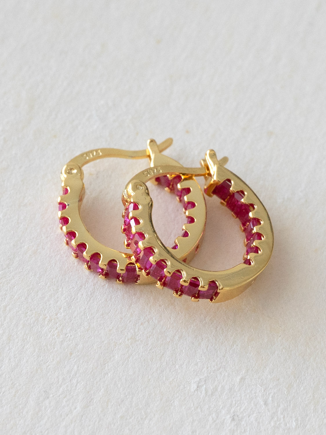 Sparkle Gemstone Mini Hoops, S925 - Magenta, Gold