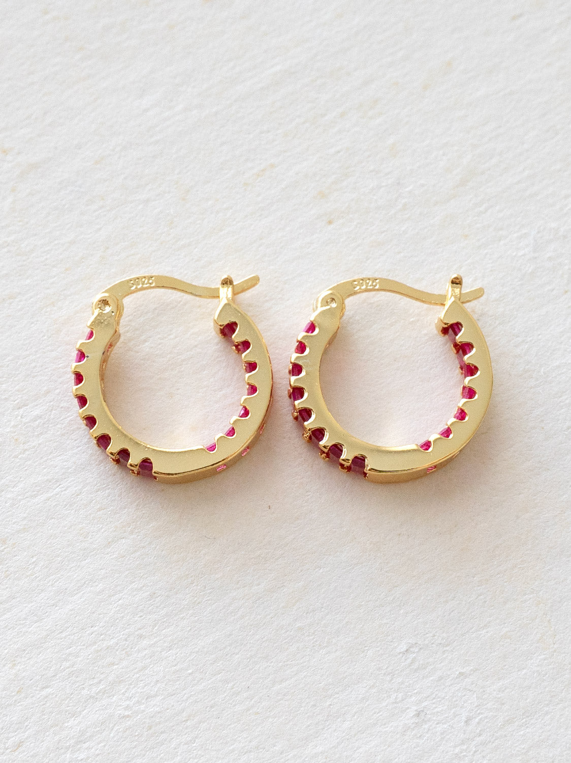 Sparkle Gemstone Mini Hoops, S925 - Magenta, Gold