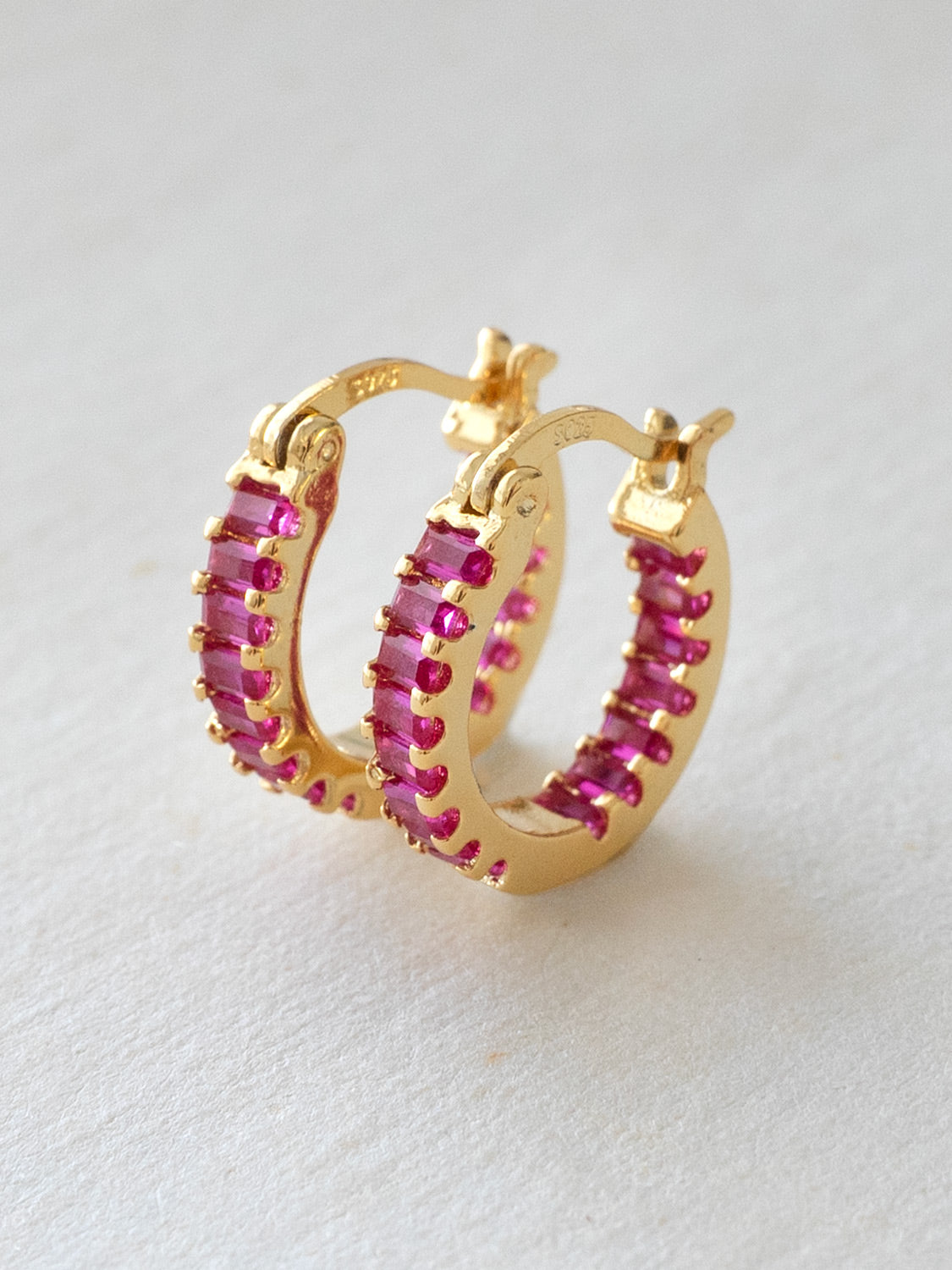 Sparkle Gemstone Mini Hoops, S925 - Magenta, Gold