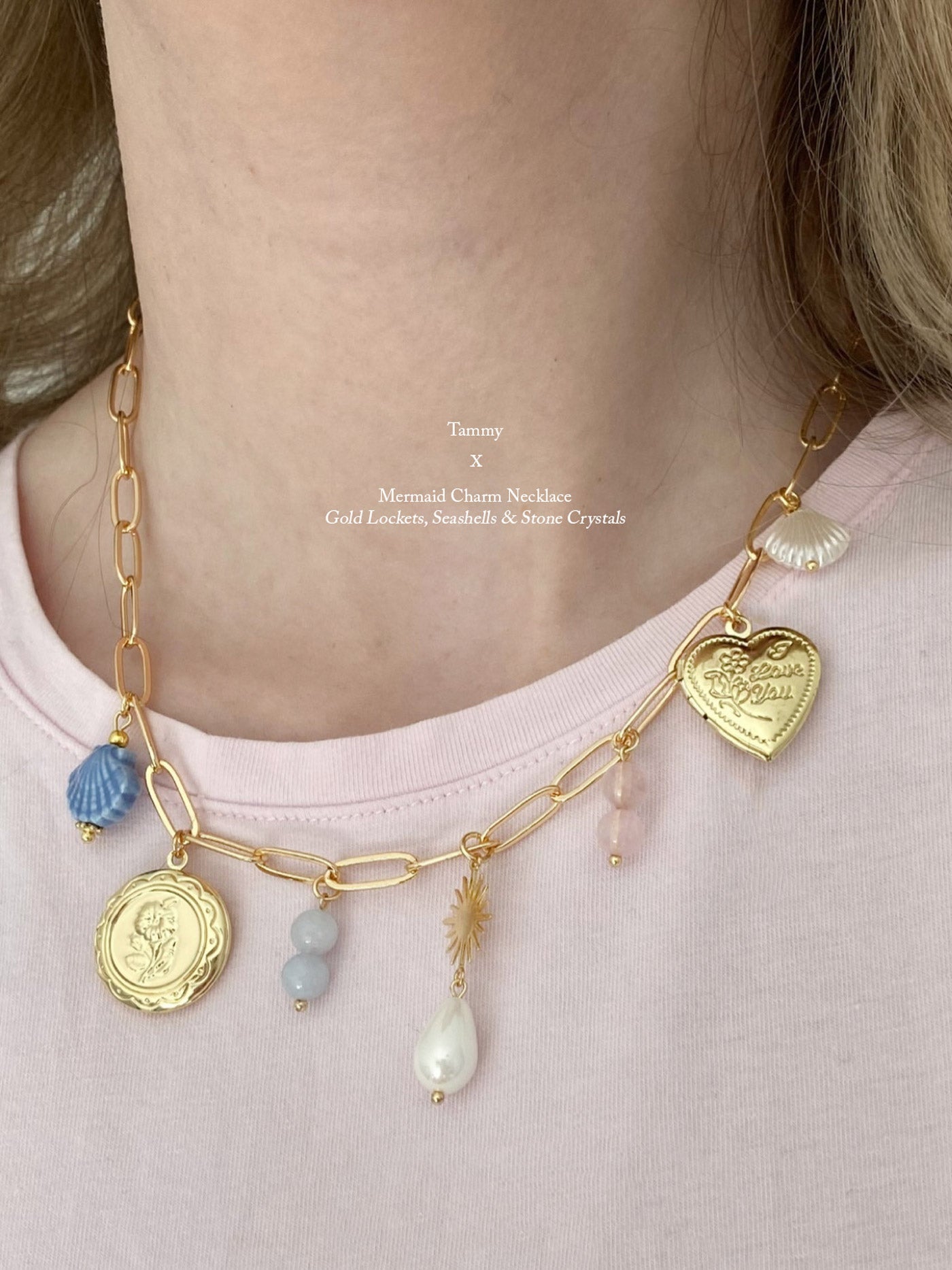 Mermaid Charm Necklace - Gold Lockets, Seashells & Stone Crystals