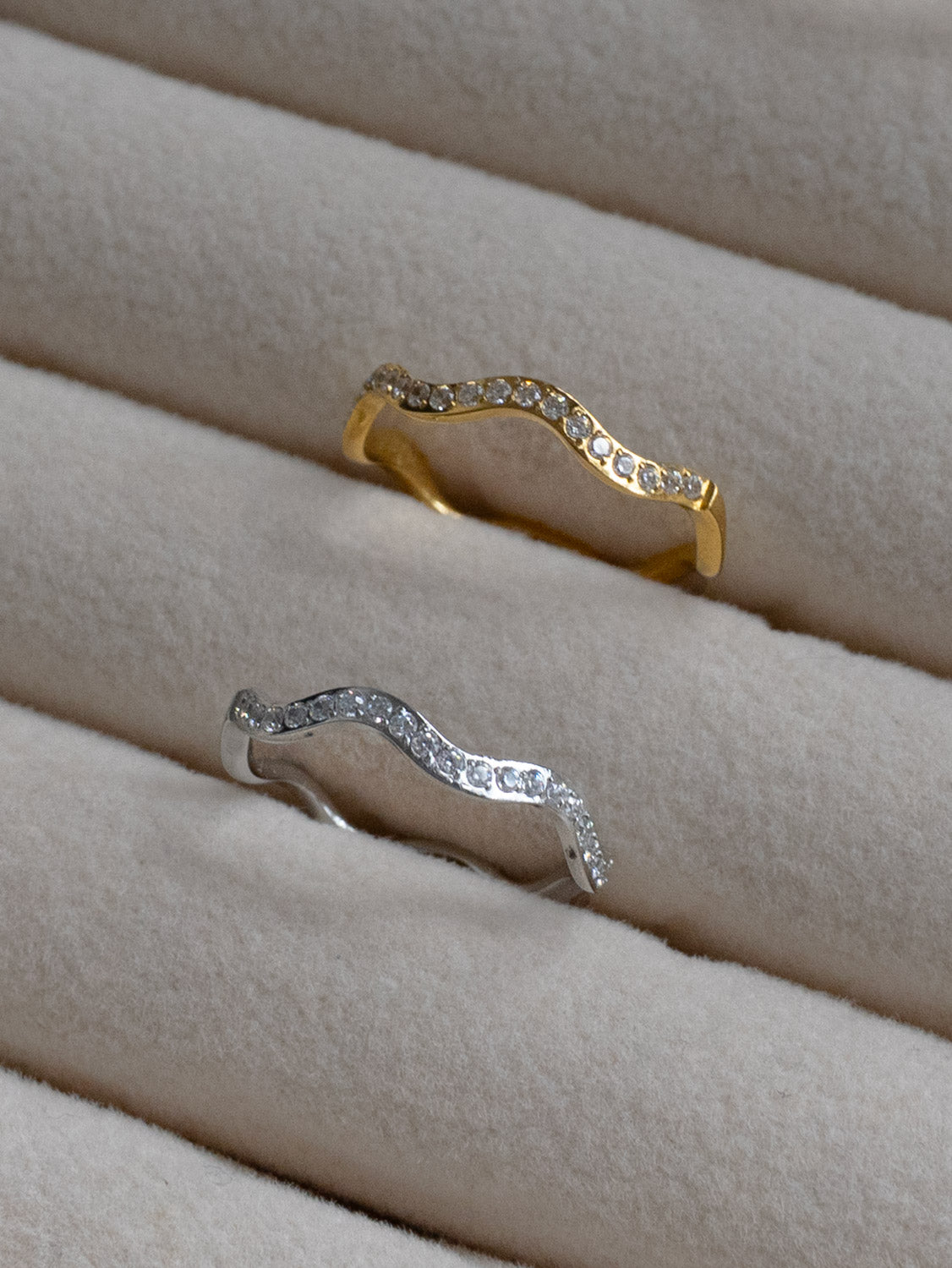 Thin Wavy Gemstone Ring, Stainless Steel - Silver